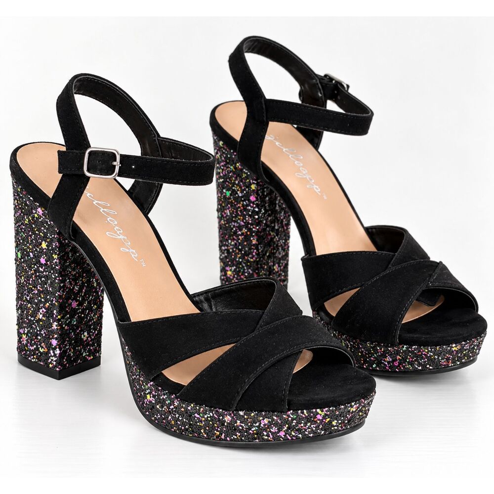Jellypop Elenore 3 Women’s 8M Black Glitter Platform Heels Ankle Strap Sandals